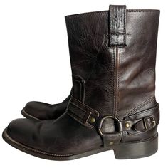 Details: 9” Height 1” Stacked Heel Dark Brown Leather Size 8d Moto Boots Style# 87465 No Rips Or Tears. No Stains. Carefully Packaged And Boxed Immediately. Ships The Same Or Next Day. Questions? Leave A Comment Below. Rugged Brown Moto Boots With Reinforced Heel, Vintage Brown Leather Moto Boots, Rugged Style, Brown High-top Moto Boots With Reinforced Toe, Brown Leather Ankle-high Moto Boots, Brown Ankle-high Moto Boots With Zipper, Boots Style, Frye Shoes, Motorcycle Boots, Moto Boots