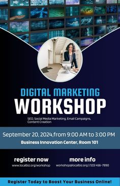 a flyer for a digital marketing workshop with an image of a woman sitting at a desk