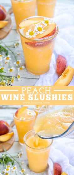 peach wine slushies are served with fresh fruit