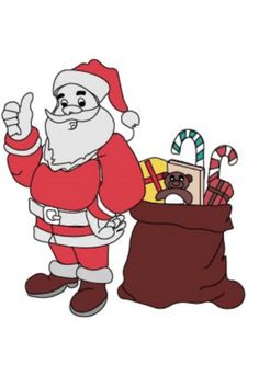 a santa clause standing next to a bag full of gifts and giving the thumbs up