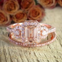 A perfect handmade Huge Sale 2.50 Carat 7x5mm Emerald Cut Morganite and Diamond Moissanite Halo Bridal Wedding Ring Set Designer Style with 18k Gold Plating in 925 Silver with Rose Gold Plating affordable morganite and moissanite Diamond Moissanite bridal ring set Halo Style. Peach Pink Morganite is true of character, the vibrant hues reminiscent of the radiant sunset.Inspired by the true harmony of love, the delicate design of the Engagement Ring in 925 Silver with Rose Gold Plating has been en Morganite Rings Gia Certified For Anniversary, Gia Certified Morganite Jewelry For Anniversary, Radiant Cut Morganite Wedding Jewelry, Gia Certified Rose Gold Wedding Diamond Ring, Radiant Cut Topaz Ring For Wedding, Morganite Radiant Cut Jewelry For Anniversary, Wedding Emerald Cut Topaz Ring In Fine Jewelry Style, Wedding Topaz Ring With Radiant Cut Center Stone, Rose Gold Gia Certified Wedding Jewelry