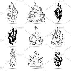 set of fire flames icons in black and white