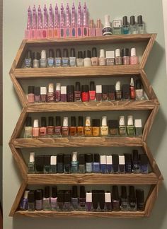 "Custom Wood Essential Oils Shelf, my husband hand makes each and every one! dim. are 22\"wide x 26\" tall x 1.5\" depth  4\" openings between ledges Comes with 2 sawtooth picture hangers attached for easy level hanging. Custom orders upon request. Satisfaction guaranteed! Thanks for looking!" Wooden Nail Polish Rack, Essential Oils Shelf, Essential Oil Display, Oil Display, Nail Polish Shelf, Oil Rack, Essential Oil Shelf, Nail Polish Holder, Nail Polish Rack