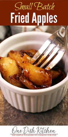 small batch fried apples in a white bowl with a fork sticking out of the top