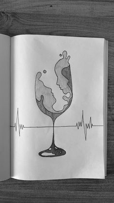 an open book with a drawing of a wine glass on top of it and heartbeats in the background