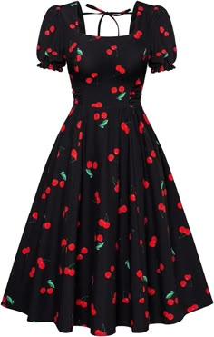 Belle Poque Womens Cute Homecoming Dresses Vintage Retro Knee Length Tea Party Dresses with Pockets Black Cherry M at Amazon Women’s Clothing store Cute Knee Length Dresses, Strawberry Dress Aesthetic, Cute Shein Dresses, Retro Theme Dress, Cherry Core, Square Neck Puff Sleeve Dress, Tea Party Dresses, Buttoned Dress, Strawberry Dress