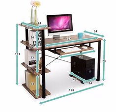 a computer desk with measurements for the top and bottom shelves on each side, along with an additional shelf