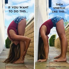 two pictures of a woman bending over to do a handstand on the ground