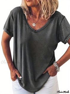 Olivia Mark - Solid Simple T-shirt, Casual V Neck Short Sleeve Summer T-shirt, Women's Clothing T Shirt Aesthetic, Tshirt For Women, Summer Care, Shirt Aesthetic, Simple T Shirt, Simple Tshirt, Deep Gray, Clean Style, T Shirt Women