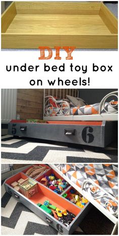 an upside down bed box with wheels and drawers on it, is shown in three different pictures