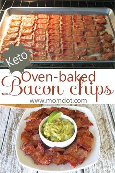 keto oven baked bacon chips on a plate with guacamole