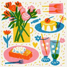 an illustration of flowers, cake and utensils