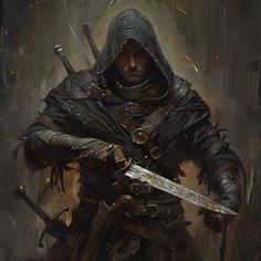 a painting of a man with two swords in his hands and wearing a hooded outfit