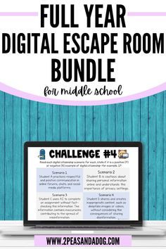 the full year digital escape room bundle for middle school is shown on a laptop screen