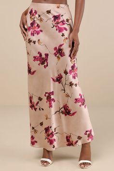 Slip on the Lulus Captivating Element Mauve Pink Floral Print Satin Maxi Skirt for a luxuriously ethereal aesthetic! A large-scale, magenta floral print sweeps across glossy woven satin as it shapes this elegant skirt with a high-rise fit and a figure-skimming silhouette. Slightly flaring maxi hem completes the design. Hidden side zipper/clasp. Pair with the matching top for a complete look! Fit: This garment fits true to size. Length: Ankle length. Size medium measures 41.25" from waist to hem. Waist: Fitted - very fitted at natural waist. Hip: Loosely Fitted. Fabric: Fabric has no stretch. Lined to mid-thigh. Shell: 100% Polyester. Lining: 97% Polyester, 3% Spandex. Hand Wash Cold. Do Not Bleach. Hang To Dry. Imported. Lulus | Captivating Element Mauve Pink Floral Print Satin Maxi Skirt Floral Satin Skirt, Satin Prints Fabrics, Pink Satin Maxi Dress With Floral Print, Silk Floral Print Flowy Maxi Skirt, Elegant Pink Floral Print Maxi Skirt, Pink Floral Print Chiffon Skirt, Pink Floral Print Relaxed Skirt, Satin Maxi Skirt, Ethereal Aesthetic