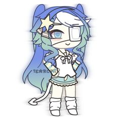 a drawing of a girl with blue hair and stars on her head, standing in front of