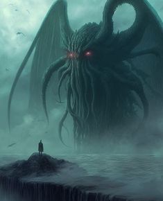 a giant octopus with red eyes standing on top of a cliff next to a man