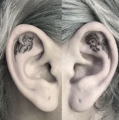 two pictures of an ear with tattoos on them