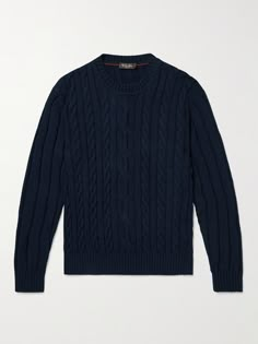 Loro Piana uses premium cotton to make this sweater, so it's soft, durable and ventilating. Made in Italy, it's cable-knitted through the front but the design is kept otherwise simple, so you'll get plenty of use from yours. Luxury Merino Wool Men's Polo Shirt, Quarter Zip Men L.l.bean, Navy Wool Sweater Men, Cable Knit Sweater Men, Loro Piana Sweater, Navy Blue Clothes, Knitted Sweaters Men, Blue Sweater Men, Old Money Sweater