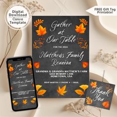 an autumn wedding suite with fall leaves and chalkboard save the date cards on it