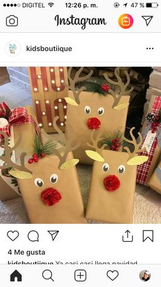 some brown paper bags with reindeer faces on them