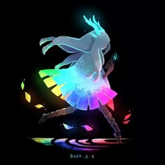 a woman is dancing in the dark with colored lights