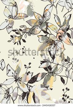 an abstract floral pattern with leaves and flowers