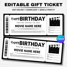 two birthday movie ticket templates with the words happy birthday to you and an image of a