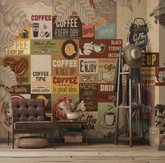 an old fashioned coffee shop with many signs on the wall and chairs in front of it