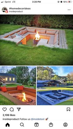 a fire pit in the middle of a yard with an open firepit next to it