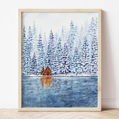 a watercolor painting of a cabin on a lake with trees in the background and snow covered ground