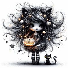 a drawing of a girl with long hair holding a pumpkin next to a black cat