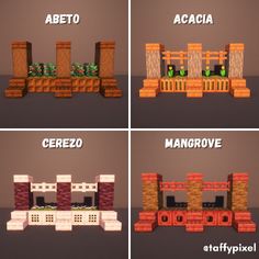 four different types of furniture made out of lego blocks and bricks, with the names above them