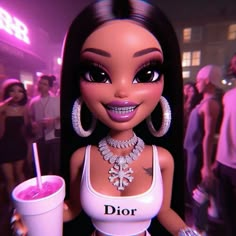 a barbie doll holding a drink in her hand and smiling at the camera with other dolls behind her