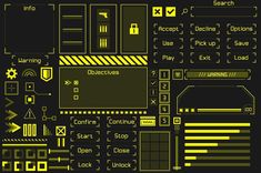 a bunch of different types of electronic devices in yellow and black colors on a dark background