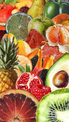 a painting of many different types of fruits and vegetables, including kiwis, oranges, lemons, apples, watermelon, pineapple