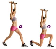 a woman doing squats with two dumbbells and one holding a barbell