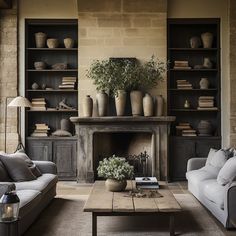 a living room filled with furniture and a fire place in front of a book shelf