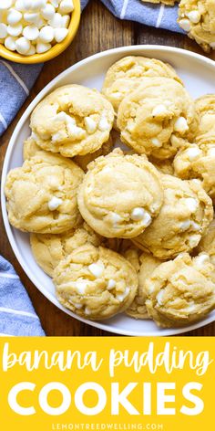 banana pudding cookies on a plate with marshmallows in the background and text overlay