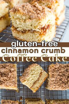 gluten - free cinnamon crumb coffee cake on a cooling rack with slices cut out