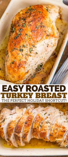 easy roasted turkey breast in a white casserole dish