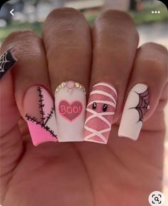 September Nails Acrylic Coffin, Cute Nail Designs Halloween, Toenail Art Designs Halloween, Patchwork Nails Fall, Grunge Nail Art Designs, Wine Themed Nails, Halloween Nails Designs Short, Halloween Stitch Nails, Halloween Nails Short Nails