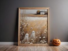 an oil painting of two white owls in a field with a house in the background