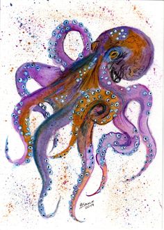 an octopus is painted in purple and orange