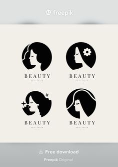 four logos for beauty salons, including one with a woman's face in the center