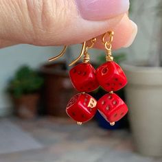 Roll the dice earrings! The cute red dice earrings will be a hit on your next game night or a trip to Las Vegas! Each die is a 7.5 cube, 2 on each earring. Ear wires and headpins are vermeil gold.  Total length: 1.5 inches * Your jewelry will arrive in a cotton lined kraft box within a padded postal envelope. I use USPS first class mail. This usually takes 3 to 5 days to ship. International orders outside of the U.S. will take 8 to 15 days to ship. * To see more from East Village Jewelry~ http://eastvillagejewelry.etsy.com *All orders ship out within 24 hours, excluding holidays and Sundays Feel free to contact me with any questions. Use coupon code VILLAGE14 for 10% off all orders over $200.00 Dice Jewelry, Red Dice, Dice Earrings, Kyanite Earrings, Roll The Dice, Kraft Gift Boxes, Las Vegas Trip, Pretty Packaging, East Village