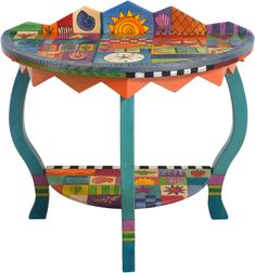 an artisticly painted table with colorful designs on it