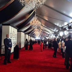 a red carpeted room with people standing around