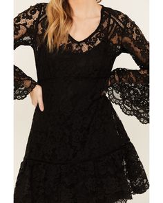 Scully Women's Lace Crochet Long Bell Sleeve Mini Dress, Black Bell Sleeve Mini Dress, Mini Dress Lace, Long Bell Sleeves, Mini Dress Black, Lace Crochet, Scalloped Edges, Lace Mini Dress, Get Directions, Mini Dress With Sleeves