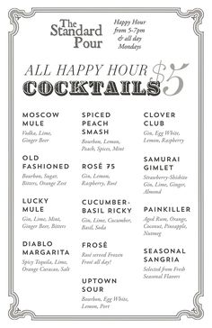 the standard four all happy hour cocktails menu is shown in black and white with silver trim